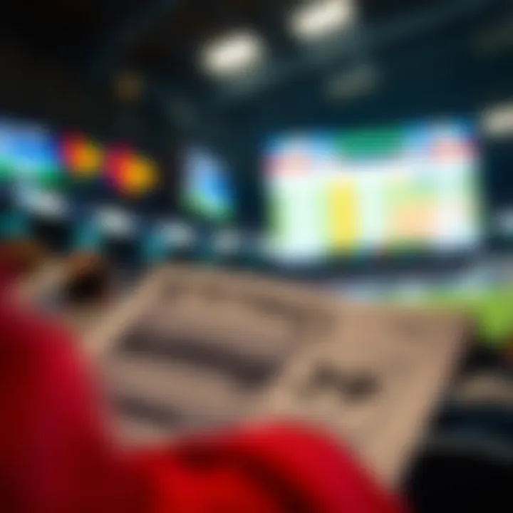 Close-up of betting slips and digital screens during a game