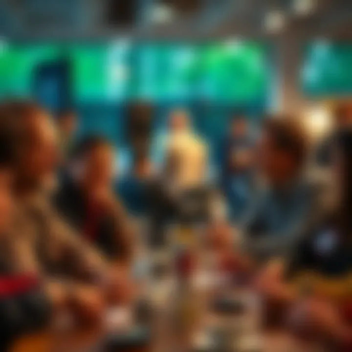 A vibrant community gathering discussing betting strategies related to 천마선