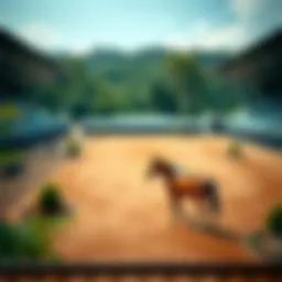 A serene view of a horse riding arena showcasing the lush surroundings.