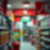 A vibrant lottery shop showcasing various lottery tickets and promotional banners.