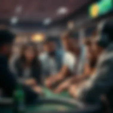 Enthusiastic Group Analyzing Betting Strategies A group of enthusiastic individuals gathered around a game, analyzing odds and strategies