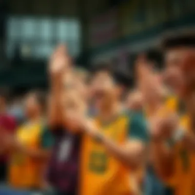 A group of fans cheering passionately for their team during a volleyball game