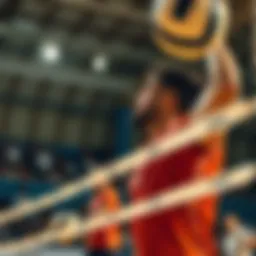 An intense moment during a volleyball match showcasing players in action